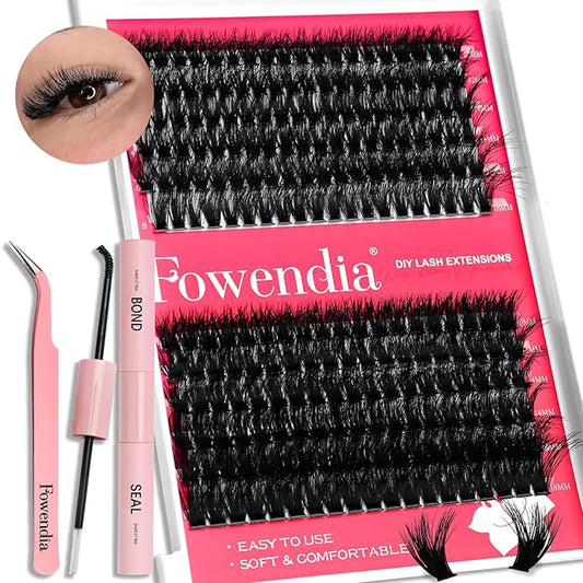 Fowendia Lash Clusters Kit Fluffy 60D 80D Individual Lashes D Curl Cluster Eyelash Extensions 10-18mm DIY Lash Extension Kit Lash Bond and Seal Waterproof, Lash Applicator, Thick False Eyelashes Kit