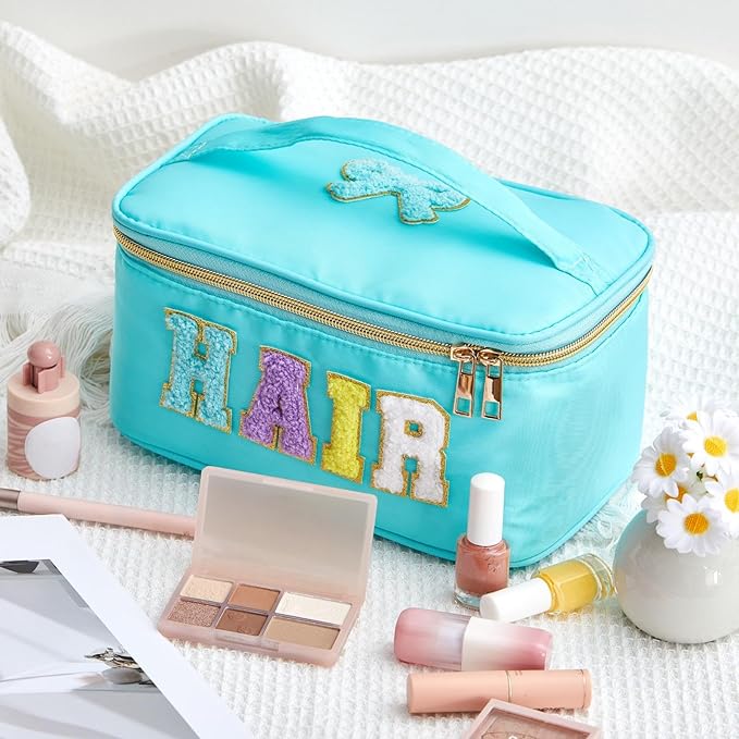 Geetery Clear Makeup Bag Chenille Letter Hair Bag Travel Cases Preppy Patch with Zipper, Portable Cosmetic Hair Accessories Organizer Toiletry Storage Case for Women