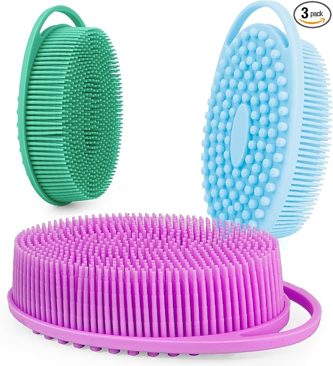 Soft Silicone Body Scrubber 3 PCS Silicone Body Shower, Silicone Loofah 2 in 4 Bath and Shampoo Brush, Body Scrubber Shower Cleaning Exfoliating Use for Sensitive Skin, Lather Well, Blue,Green,Purple