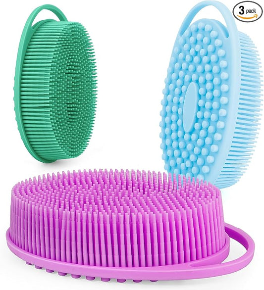 Soft Silicone Body Scrubber 3 PCS Silicone Body Shower, Silicone Loofah 2 in 4 Bath and Shampoo Brush, Body Scrubber Shower Cleaning Exfoliating Use for Sensitive Skin, Lather Well, Blue,Green,Purple