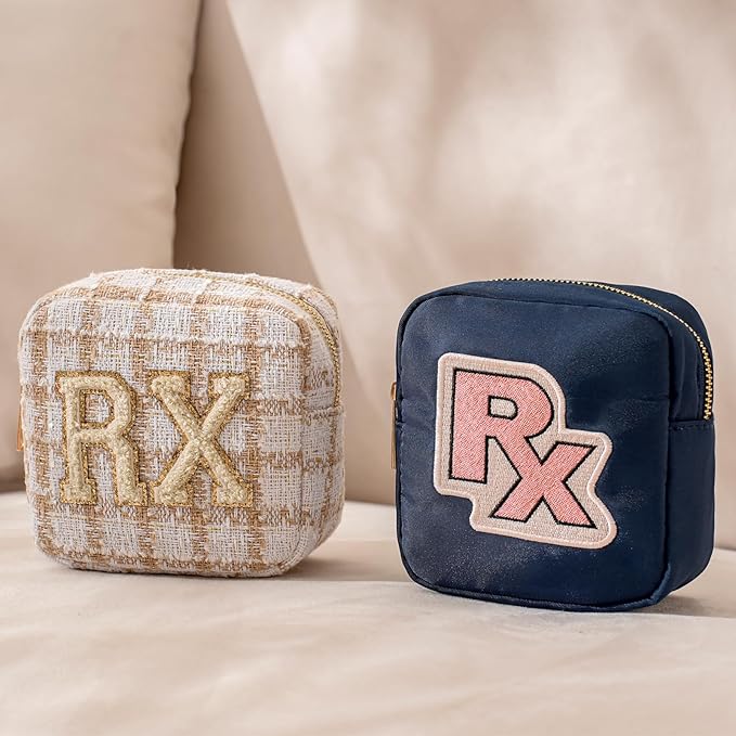 uekeboag Personalized Small Checkered Medicine Cosmetic Bag, Cute Plaid Pattern Chenille Letter Patch RX Drug Pouch with Zipper, Makeup Travel Gift Bag for Women and Girls (07Checkered)