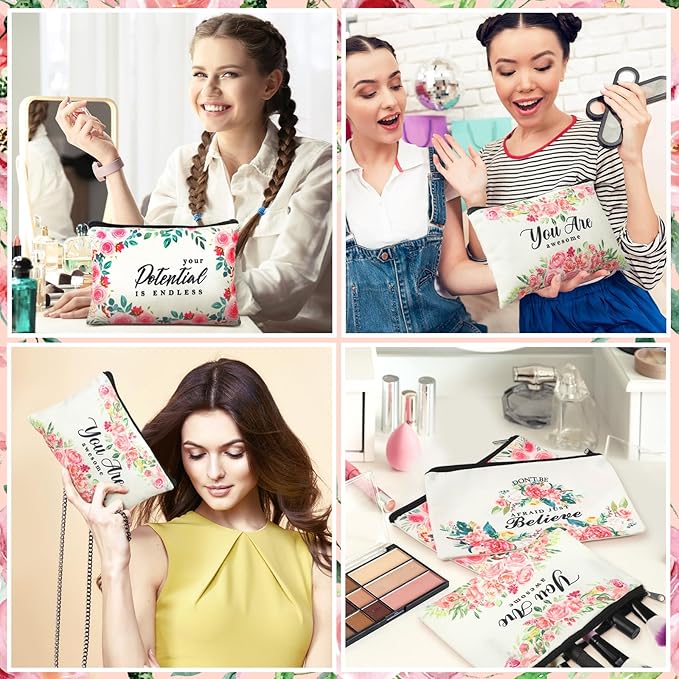 Pinkunn 16 Pcs Valentines Canvas Makeup Bags Bulk Inspirational Christian Women Religious Galentine Gifts Inspirational Bible Verse Pencil Pouch Makeup Bags with Zipper for Travel(Flower)