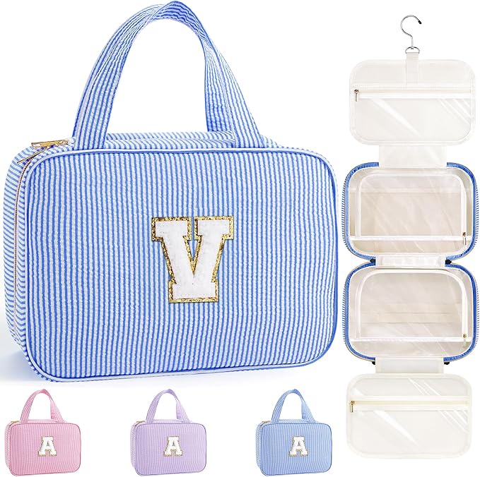 TOPEAST Travel Toiletry Bag for Women - Hanging Toiletry Bag Makeup Bag, Portable Toiletries Cosmetic Bag, Airplane Travel Essentials - Letter V, Blue