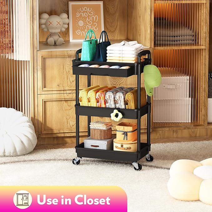 Makeup Cart Organizer with Drawers, Floor Skincare Organizers Vanity Storage Organizer, Rolling Makeup Bathroom Storage Cart Cosmetics Display Cases for Skin Care Perfume Nail Polish, Black