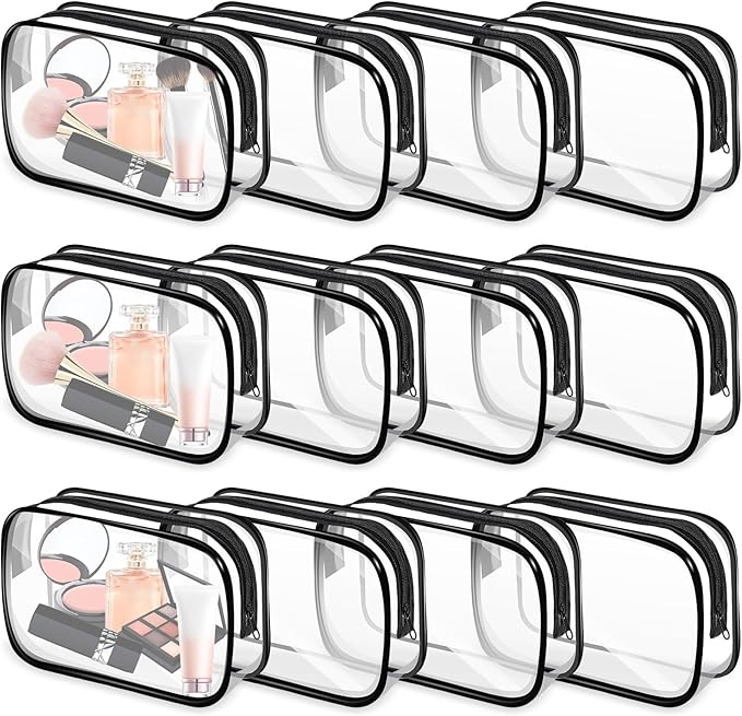12 PCS Clear Makeup Bags,Clear Toiletry Bag,PVC Clear Cosmetic Bags with Zipper,Portable Transparent Toiletry Bags for Travel Women Men(Black,Large)