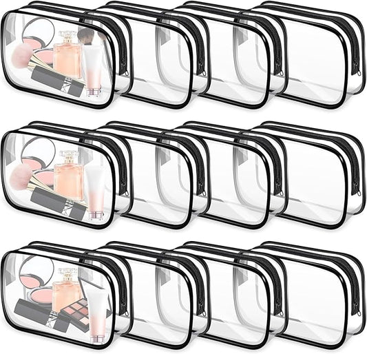 12 PCS Clear Makeup Bags, Clear Toiletry Bags with Zipper, Portable Transparent Toiletry Bags for Travel (Black, Medium)