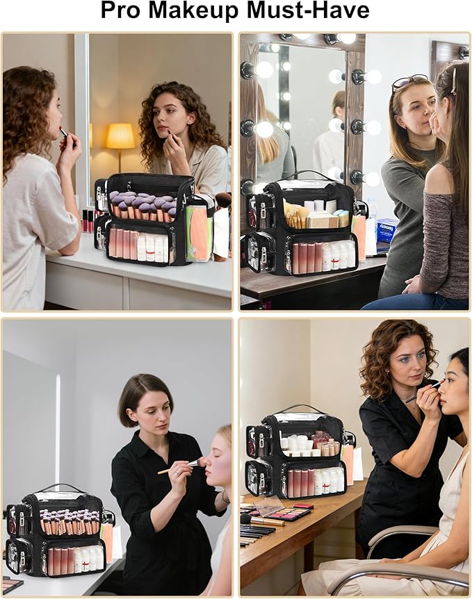 TANTO Makeup Brush Bag, Clear Makeup Case Large Portable Cosmetic Organizer Bag Professional Makeup Artist Bags Travel Cosmetic Train Case with Adjustable Dividers & Strap, Easy to Clean