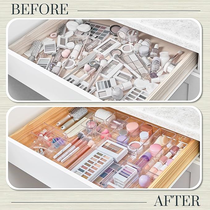 STORi SimpleSort 18-Piece Stackable Clear Drawer Organizer Set | Multi-size Trays | Makeup Vanity Storage Bins and Office Desk Drawer Dividers | Made in USA