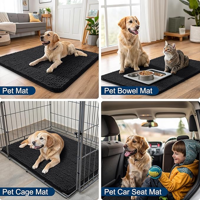 Smiry Dog Door Mat for Muddy Paws 44x24, Absorbs Moisture and Dirt Doormat, Non-Slip Washable Quick Dry Chenille Front Door Mat Indoor Entrance, Entryway Carpet for Inside Floor, Black