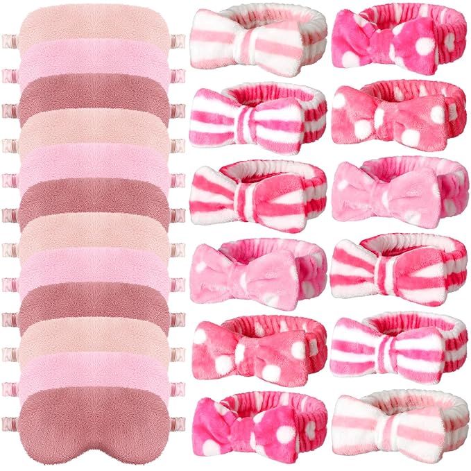 Newcotte Sleepover Party Supplies for Girls, 24 Pcs Includes Plush Sleep Eye Mask and Bow Hair Band, Fur Face Wash Headband Faux Fur Mask for Women (Cute Style)