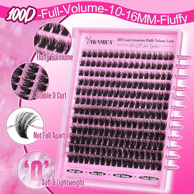 Fluffier Lashes Clusters Kit Wispy Individual Lashes 100D Volume Cluster Eyelash Extensions Kit 10-16mm D Curly Lash Extension Kit with Bond and Seal and Lash Tweezers DIY Eyelash Kit by Yawamica
