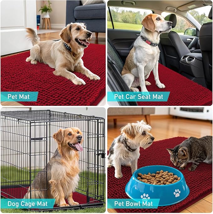 OLANLY Dog Door Mat for Muddy Paws 70x24, Absorbs Moisture and Dirt, Absorbent Non-Slip Washable Doormat, Quick Dry Chenille Mud Mat for Dogs, Entry Indoor Entryway Carpet for Inside Floor, Red