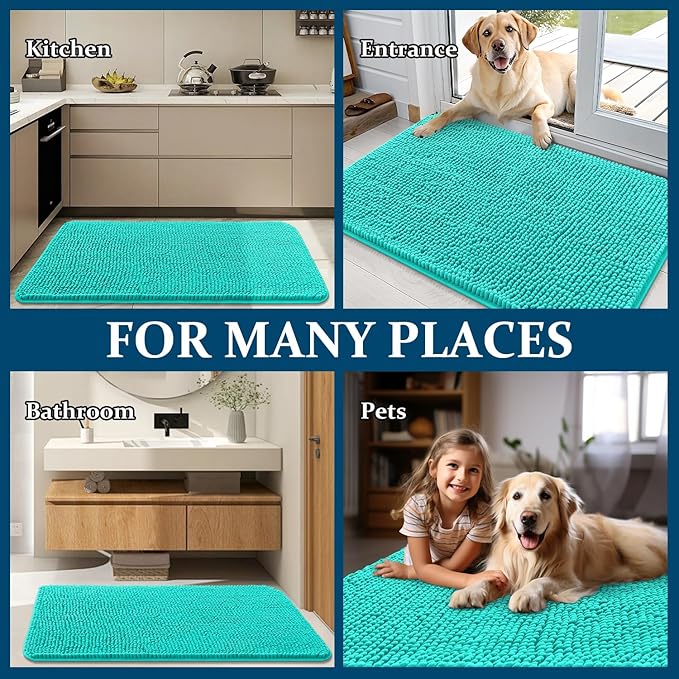 OLANLY Dog Door Mat for Muddy Paws 59x35, Absorbs Moisture and Dirt, Absorbent Non-Slip Washable Doormat, Quick Dry Chenille Mud Mat for Dogs, Entry Indoor Entryway Carpet for Inside Floor, Teal