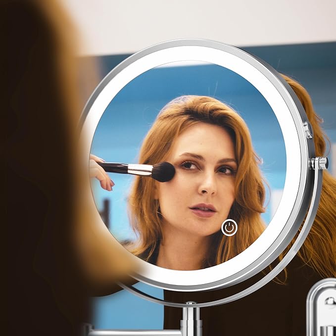 Rocollos Rechargeable Wall Mounted Lighted Makeup Mirror, 8 Inch Double-Sided LED Vanity Mirror 1X/10X Magnification,3 Color Lights Touch Screen Dimmable (Narrow Base-Chrome)