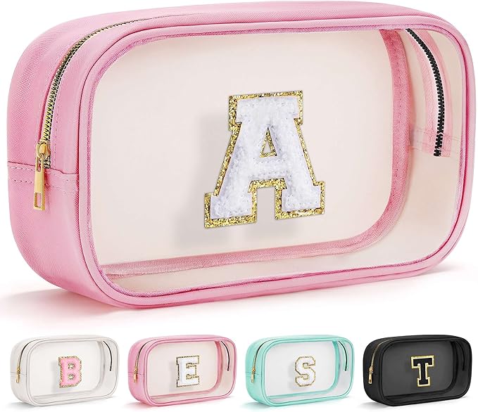 YOOLIFE Valentines Gifts for Teenage Girls Teacher Gifts Initial Clear Makeup Bag Birthday Gift Travel Toiletry Cosmetic Bags Birthday Gift Travel Essentials Pink A