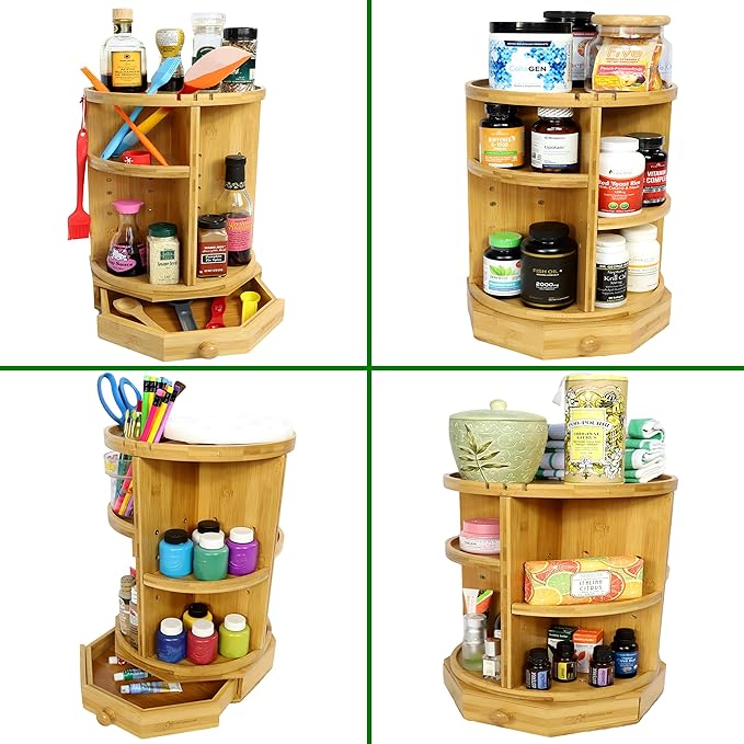 Bamboo Rotating Makeup Organizer with Adjustable Shelves & Drawer - Multipurpose Storage Carousel for Vanity, Bathroom, Kitchen, Bedroom, Desk