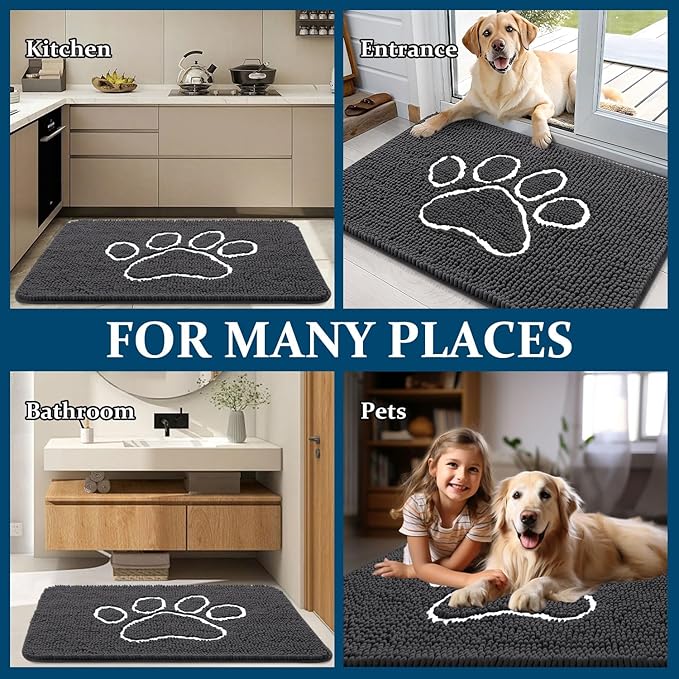 OLANLY Dog Door Mat for Muddy Paws 36x24, Paw Print Design, Absorbs Moisture and Dirt, Absorbent Non-Slip Washable Doormat, Quick Dry Chenille Mud Mat for Dogs, Entry Indoor Entryway Carpet, Dark Grey