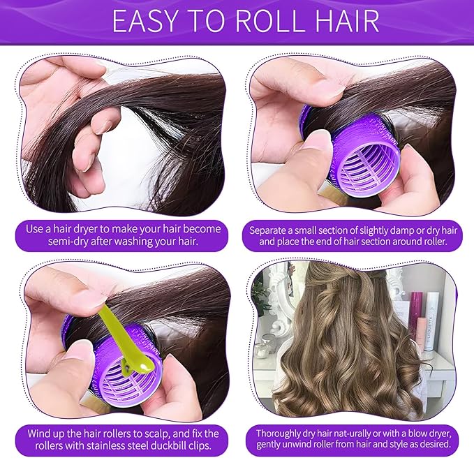 Hair Rollers, 12 Pack Self Grip Salon Hairdressing Curlers, DIY Curly Hairstyle, Large Rollers 1.57In Deep Purple