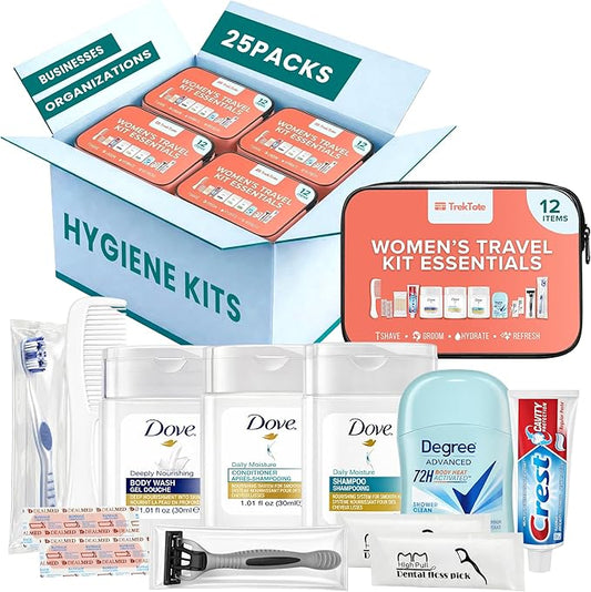 TrekTote Womens Bulk Travel Hygiene Kits 12 Piece, Travel Size Toiletries Set with Cosmetic Bag, Bulk Case Pack Pre Assembled Care Kits
