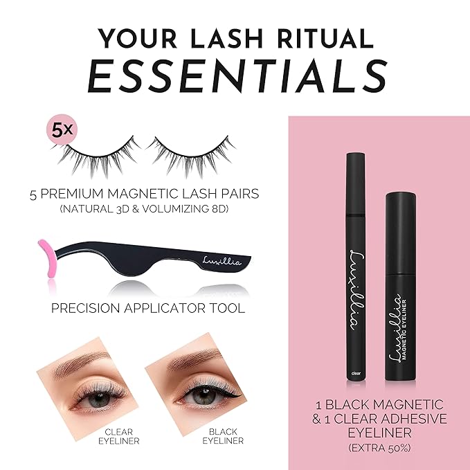Luxillia 8-Piece Clear & Black Magnetic Eyelashes with Applicator & Magnetic Eyeliner Kit – Reusable Natural Magnetic Lashes – Easy Apply Lash Kit for Beginners – Waterproof Dramatic Looks
