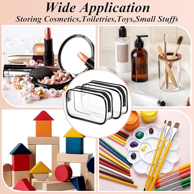 16 PCS Clear Makeup Bags,Clear Toiletry Bags TSA Approved,Waterproof Clear Cosmetic Bags,PVC Travel Bag with Zipper,Portable Transparent Cosmetic Pouches for Women Men Vacation(Black,Medium)