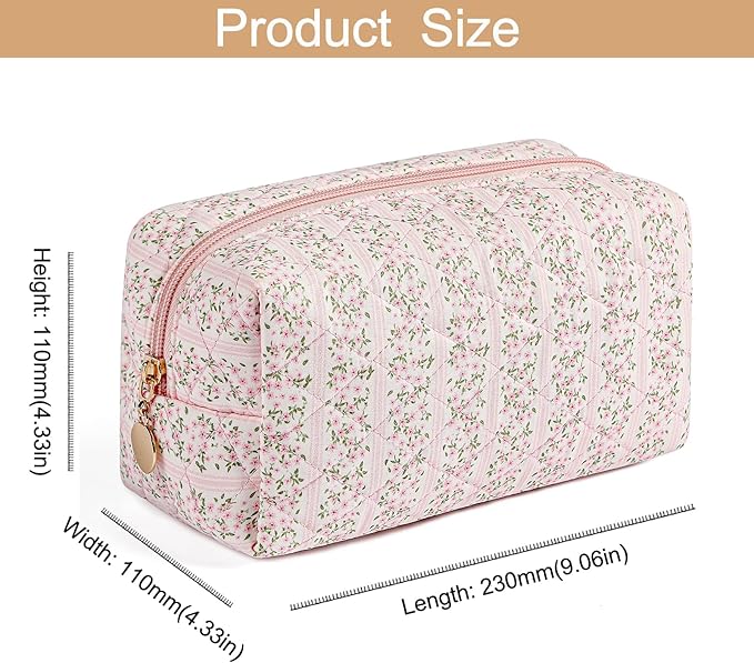 Makeup Bag Travel Cosmetic Bag for Women Girls, Zipper Make Up Pouch, Floral Flowers Toiletry Organizer Makeup, Portable Storage Bag, Cosmetic Travel Cloth Bag (Pink+Blue)