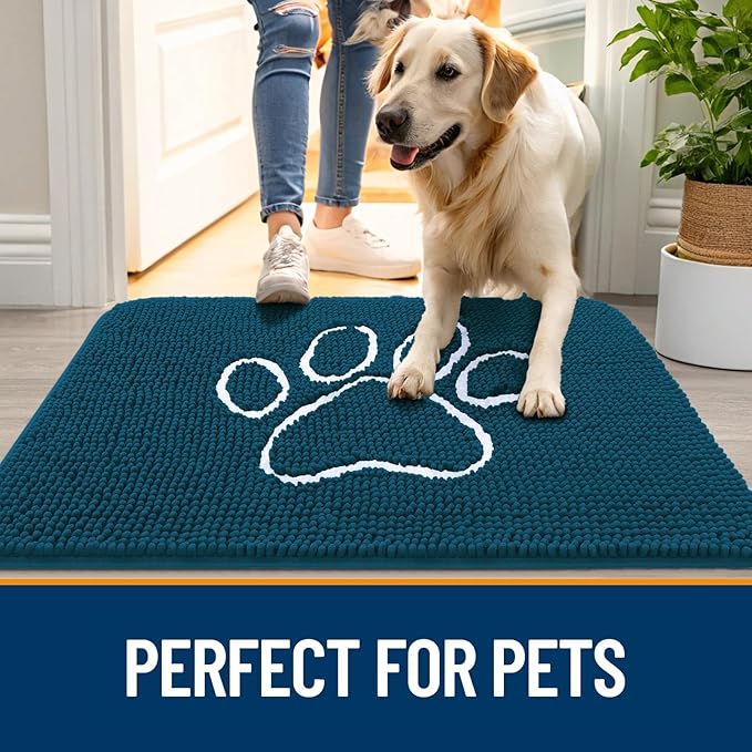 OLANLY Dog Door Mat for Muddy Paws 40x32, Paw Print Design, Absorbs Moisture and Dirt, Absorbent Non-Slip Washable Doormat, Quick Dry Chenille Mud Mat, Entry Indoor Entryway Carpet, Atlantic Blue