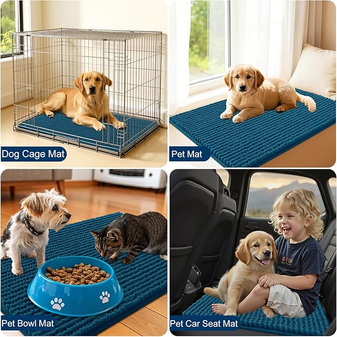 OLANLY Dog Door Mat for Muddy Paws 44x24, Ultra Absorbent Chenille Mud Doormat, Non-Slip Washable and Dirt Trapping Doormat for Indoor Entryway, Quick-Dry Indoor Pet Bed Mats for Dogs, Atlantic Blue