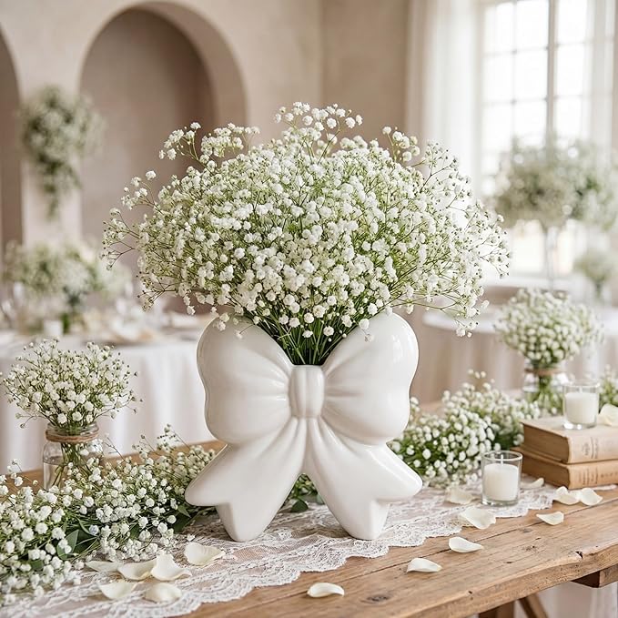 Bow Vase Coquette Ceramic Vase Pen Holder Makeup Brush Holder Contemporary Design Decorative Women Gift for Christmas Home Office Shelf Table Room(White,Small,Classic)