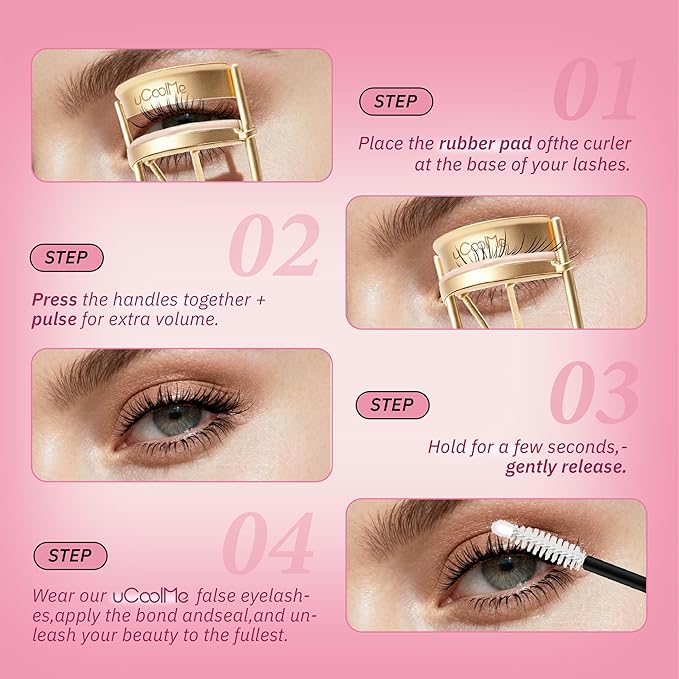 uCoolMe Eyelash Curler with 2 Refill Pads, No-Pinch Design & Comfort Grip for Natural Lash Lift, Cruelty-Free Lash Curler for All Eye Shapes, Easy to Use for Home and Travel (Gold)