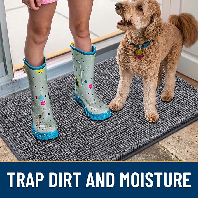 Smiry Dog Door Mat for Muddy Paws 44x32, Absorbs Moisture and Dirt Doormat, Non-Slip Washable Quick Dry Chenille Front Door Mat Indoor Entrance, Entryway Carpet for Inside Floor, Dark Grey