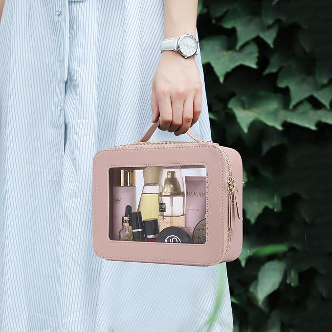 Travel Makeup Bag with Brush Case Portable Transparent Cosmetic Bag and Toiletry Bag Waterproof Makeup Organizer with Zipper Car Essential for Women (Pink, L+Slim)