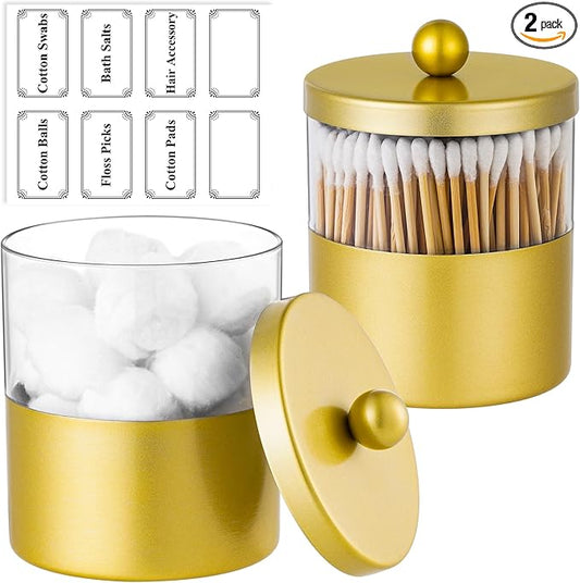Gaussra Gold Qtip Holder, Apothecary Jars - Stainless Steel Bathroom Jar with Stickers - Farmhouse Decor Qtip Dispenser for Qtips, Cotton Balls, Swabs, Makeup Sponges (2-Pack)