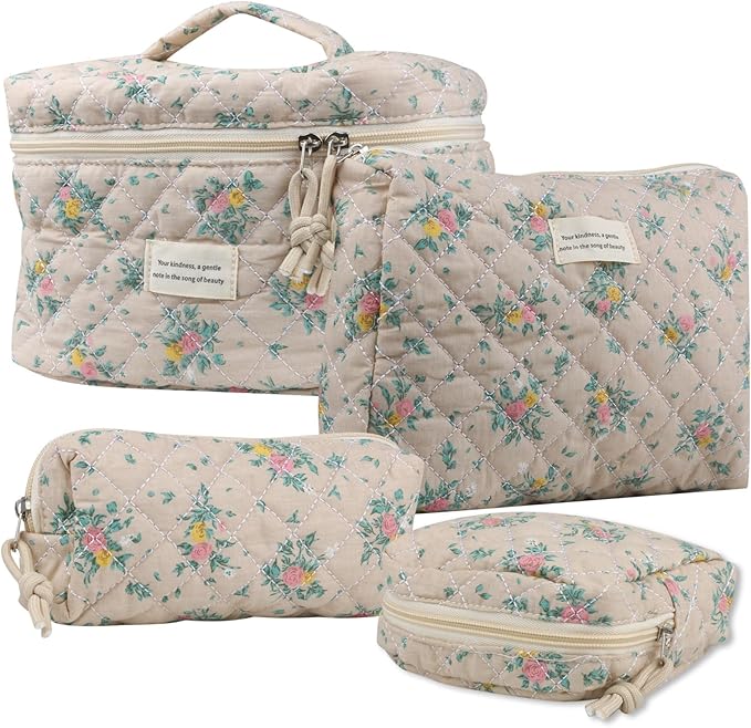 VIWIME Makeup Cosmetic Bag, Large Cotton Quilted Travel Coquette Aesthetic Cute Floral Make up Bag for Women Toiletry Bag Organizer (205- Yellow Red Rose / 4Pcs)