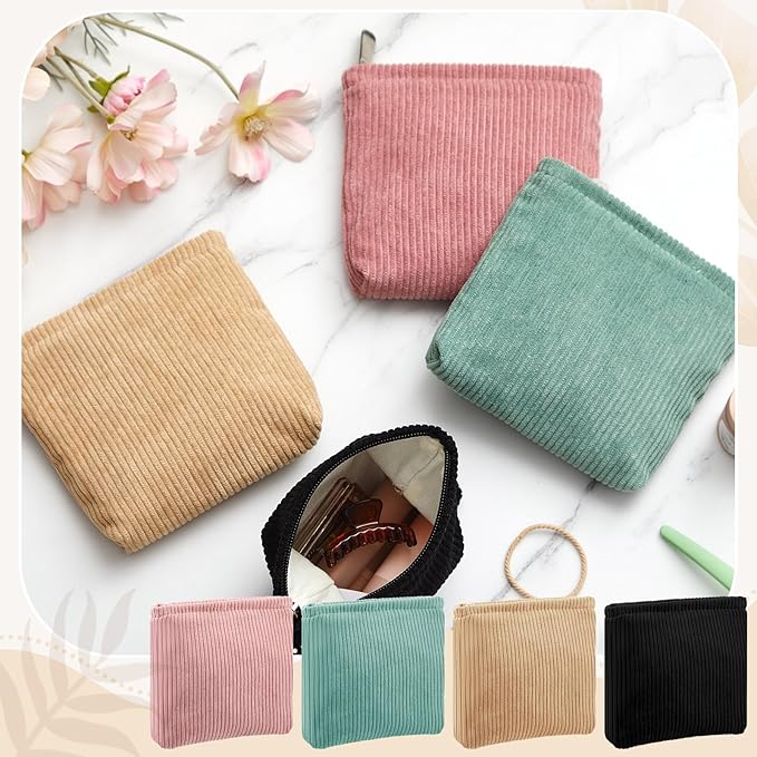 Abbylike 4 Pcs Small Makeup Bag Corduroy Cosmetic Pouch with Zipper Portable Little Bags for Purse Mini Pouch Cute Makeup Purse for Coin Essentials Items Women(Pure)