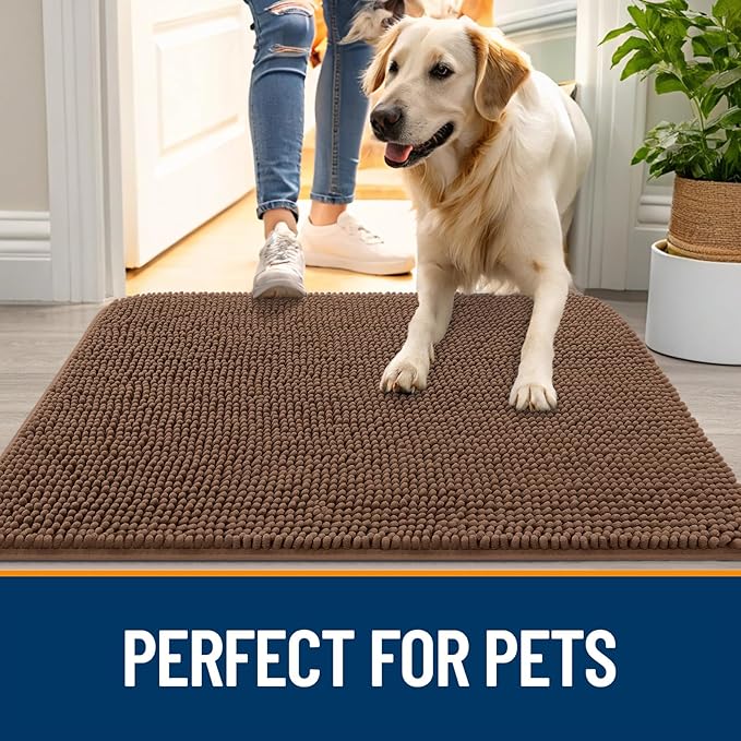 OLANLY Dog Door Mat for Muddy Paws 45x27, Absorbs Moisture and Dirt, Absorbent Non-Slip Washable Doormat, Quick Dry Chenille Mud Mat for Dogs, Entry Indoor Entryway Carpet for Inside Floor, Mocha