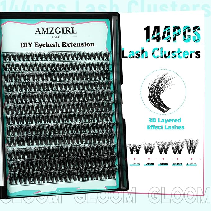 Lash Extension Kit 3D Effect Lash Clusters Kit 144pcs D Curl Eyelash Extension Kit with Lash Bond and Seal Lash Remover Lash Tweezers for Lash Clusters Eyelash Clusters Kit (Gloom, D-10-18mm Kit)