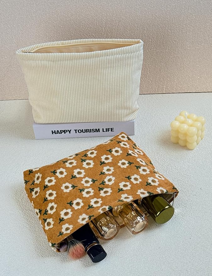 2 makeup bags Women's floral lamp core velvet canvas makeup bag, travel makeup bag, wallet storage, khaki and cute beige