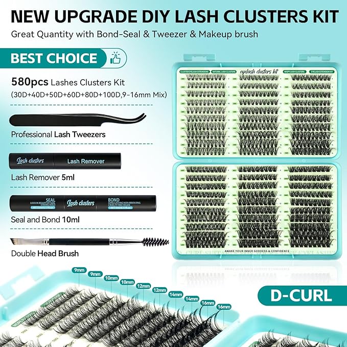 Wispy Lash Clusters Kit, D Curl Lashes Clusters Natural Look 9-16mm Individual Super Thin Band DIY Cluster Eyelash Extensions Kit with Bond Seal Tweezers Brush Remover (30D–100D Mix)