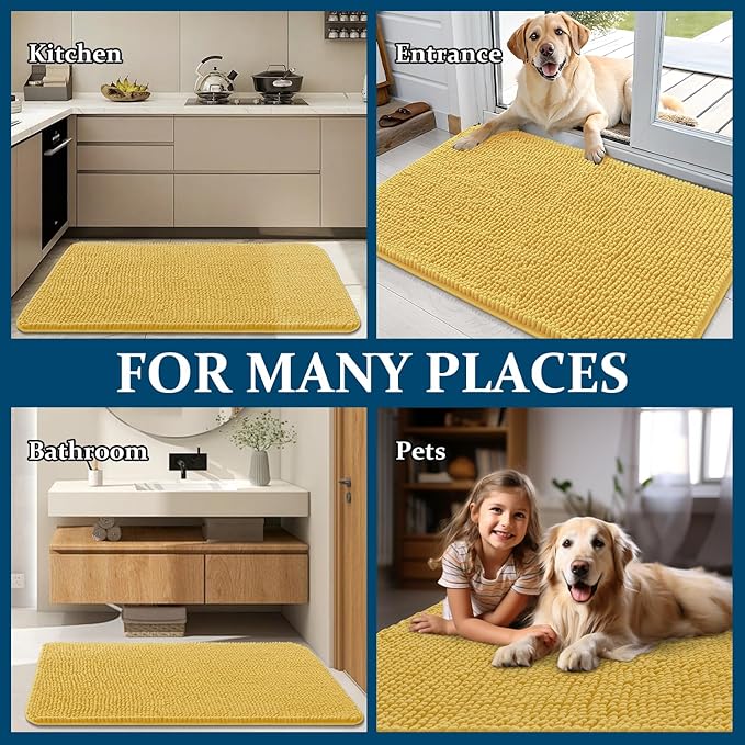 OLANLY Dog Door Mat for Muddy Paws 47x17, Absorbs Moisture and Dirt, Absorbent Non-Slip Washable Doormat, Quick Dry Chenille Mud Mat for Dogs, Entry Indoor Entryway Carpet for Inside Floor, Yellow