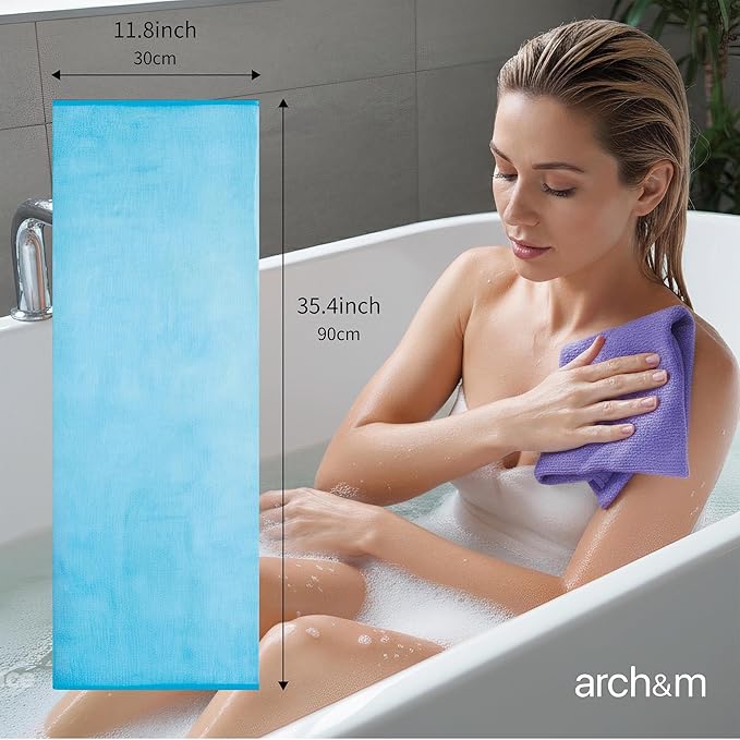 ARCH&M Exfoliating Washcloth (3 Pack), Japanese Body Scrubber for Shower, Long Nylon Towel for Back, Korean Exfoliation for Glowing Skin (Gray Black Off-White)
