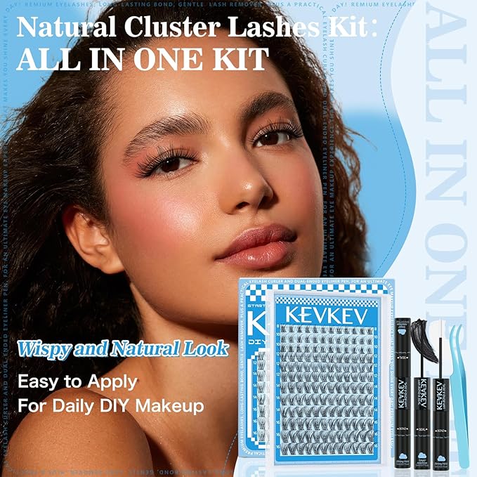 KEVKEV Wispy Lash Clusters Kit Ultra-thin Band Natural Eyelash Clusters 8-16mm Lash Extension Kit Mix Length Clear Band Natural Look Cluster Eyelash Extensions With Lash Bond Lash Tweezers (Wispy06)
