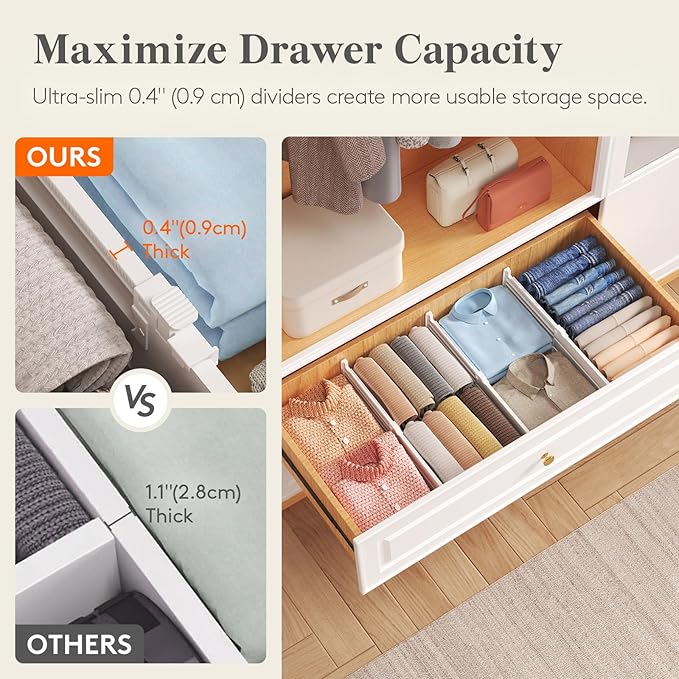 Lifewit 5" Tall 12 Pack Deep Drawer Dividers, 30 –47cm/11.5-18.5" Expandable Drawer Divider for Clothes, White Dresser Drawer Storage Organizers, Clothing Drawer Separators for Dresser Kitchen Bedroom