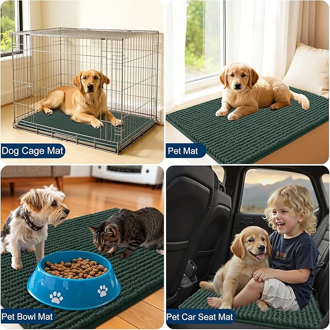 OLANLY Dog Door Mat for Muddy Paws 59x24, Ultra Absorbent Chenille Mud Doormat, Non-Slip Washable and Dirt Trapping Doormat for Indoor Entryway, Quick-Dry Indoor Pet Bed Mats for Dogs, Blackish Green