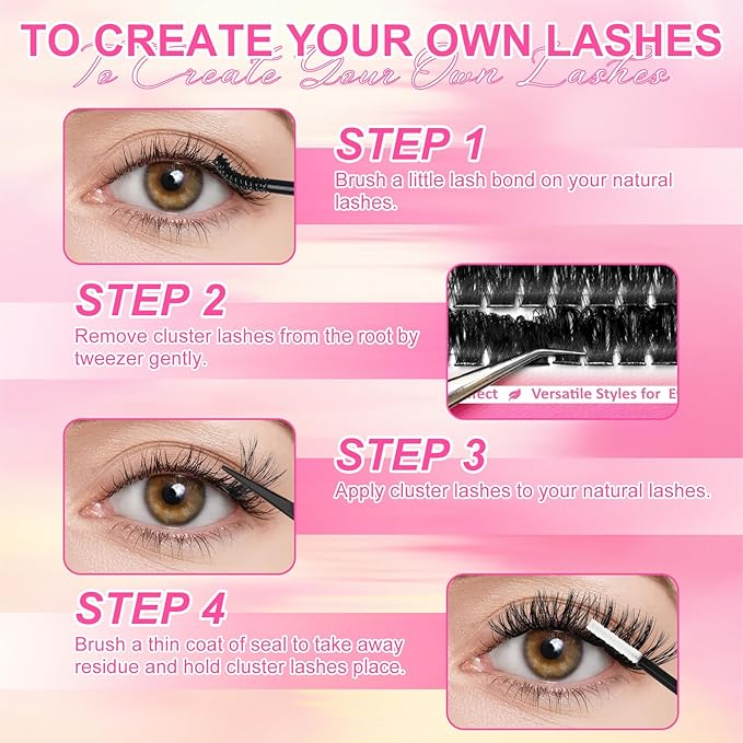 Lash Clusters 384Pcs (100D+200D), Fluffy Wispy Lashes Clusters, D-Curl Cluster Eyelash Extensions 10-18mm - 100% Vegan, Beginner Friendly