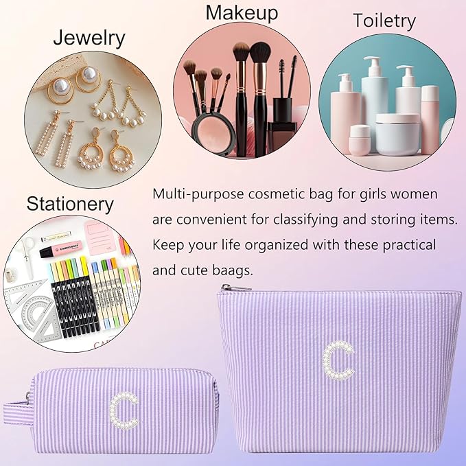 2 Pieces Cute Makeup Bag for Girls Women Stripe Makeup Purse Pouch Aesthetic Skincare Brushes Storage Organizer for Christmas (Purple C)