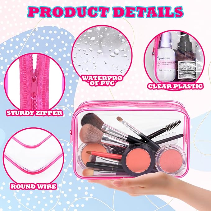 12PCS Clear Cosmetic Bag Transparent Makeup Bag for Women Men Waterproof Travel Makeup Clear Toiletry Organizer Cosmetic Storage Pouch Case with Zipper (Rose Red, Medium)