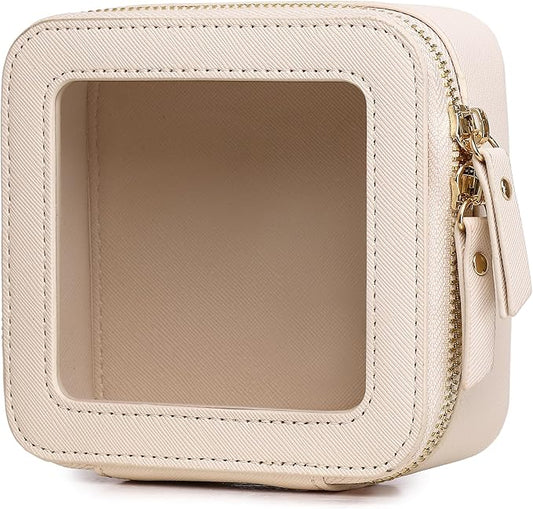 Small Clear Makeup Bag for Women Mini Cosmetic Bag Travel Toiletry Bag Purse Organizer with Zipper Car Essentials (Beige, Mini)