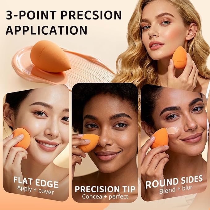 Makeup Blending Sponge with Travel-Friendly Acrylic Holder,Latex-Free Beauty Blender for Flawless Matte Finish, Easy to Clean,Orange 1 Pack