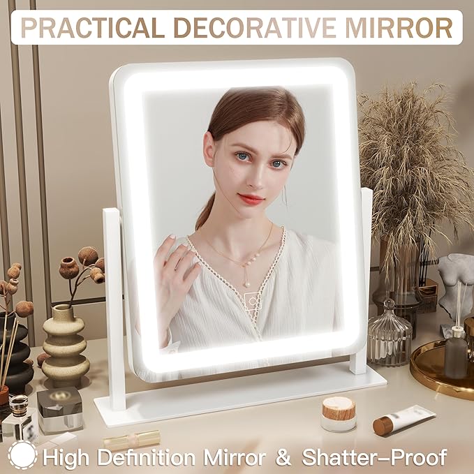 ROLOVE Lighted Makeup Mirror, Vanity Mirror with Lights for Desk Tabletop, Smart Touch with 3-Color Lighting,Dimmable, 360° Rotation, White, 13"x15"